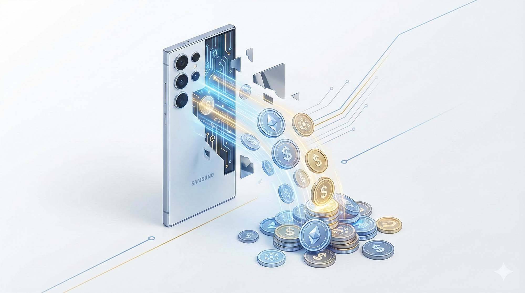 3D 渲染圖展示三星手機轉換為數位金幣的過程，象徵價值轉換 / 3D render of a Samsung phone turning into digital coins, symbolizing value conversion.